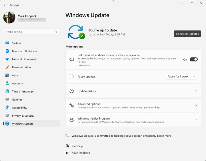 Schermata di Windows 11 che mostra l'opzione di aggiornamento automatico.