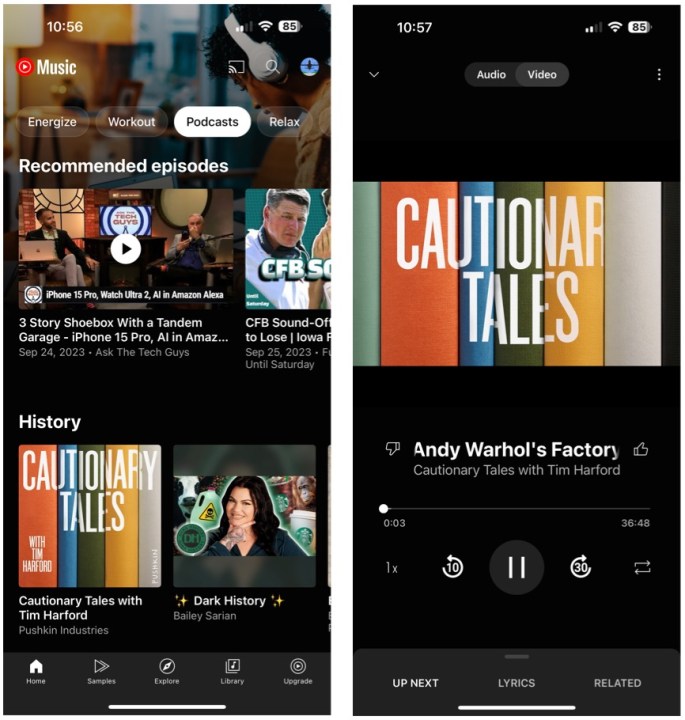 Capturas de pantalla que muestran podcasts en la aplicación YouTube Music para iOS.