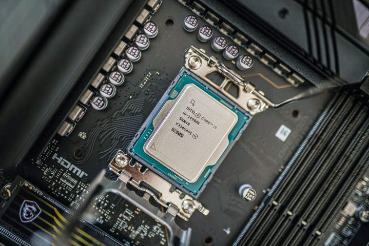 Intel's 14900K CPU socketed in a motherboard.