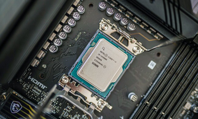 Intel's 14900K CPU socketed in a motherboard.