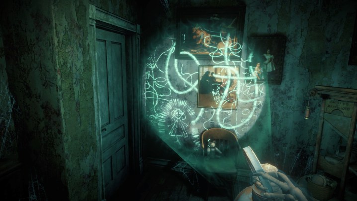 A character shines a light on a wall in The 7th Guest VR.