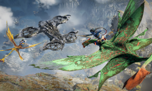 An Ikran flies towards a ship in Avatar: Frontiers of Pandora.