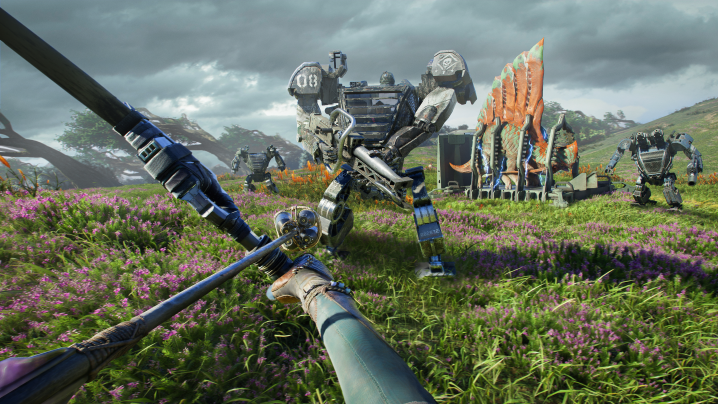 A Na'vi draws their bow at a mech in Avatar: Frontiers of Pandora.