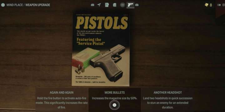 A pistol magazine and weapon upgrade menu in Alan Wake 2.