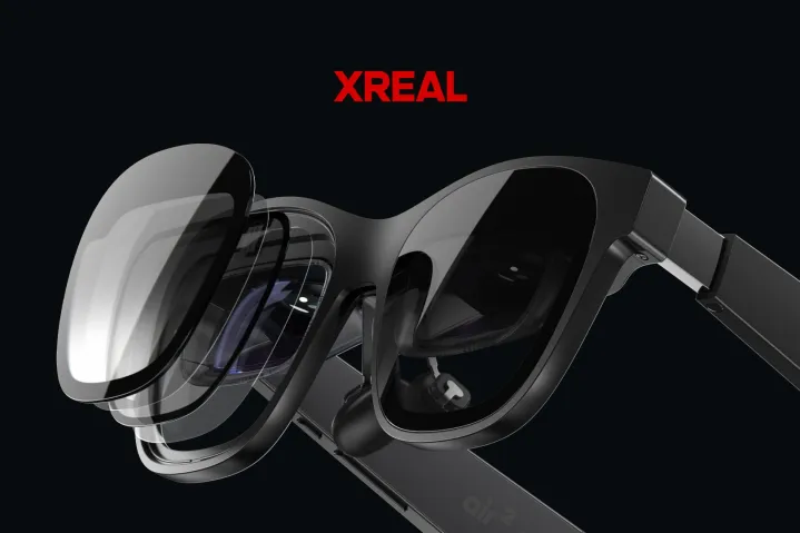 An exploded view shows Xreal Air 2 Pro's electrochromic lenses.