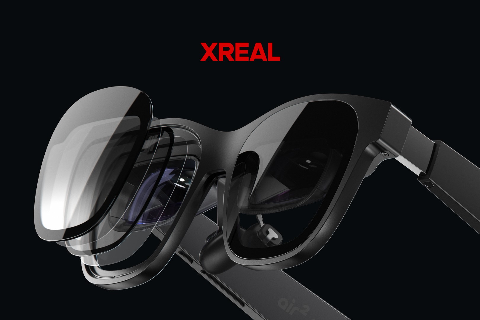 Un despiece muestra las lentes electrocrómicas del Xreal Air 2 Pro.
