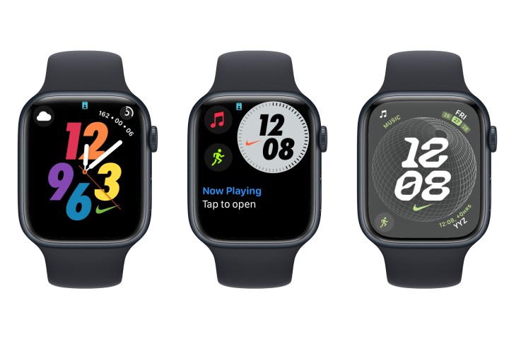 Three Apple Watches showing Nike watch faces.
