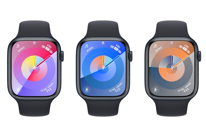 Three Apple Watches showing Palette watch faces.