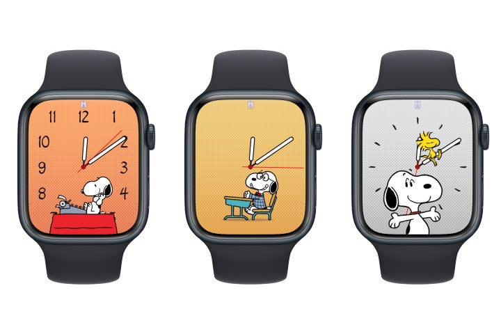 Three Apple Watches showing Snoopy watch faces.
