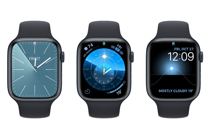 Three Apple Watches showing Solar watch faces.