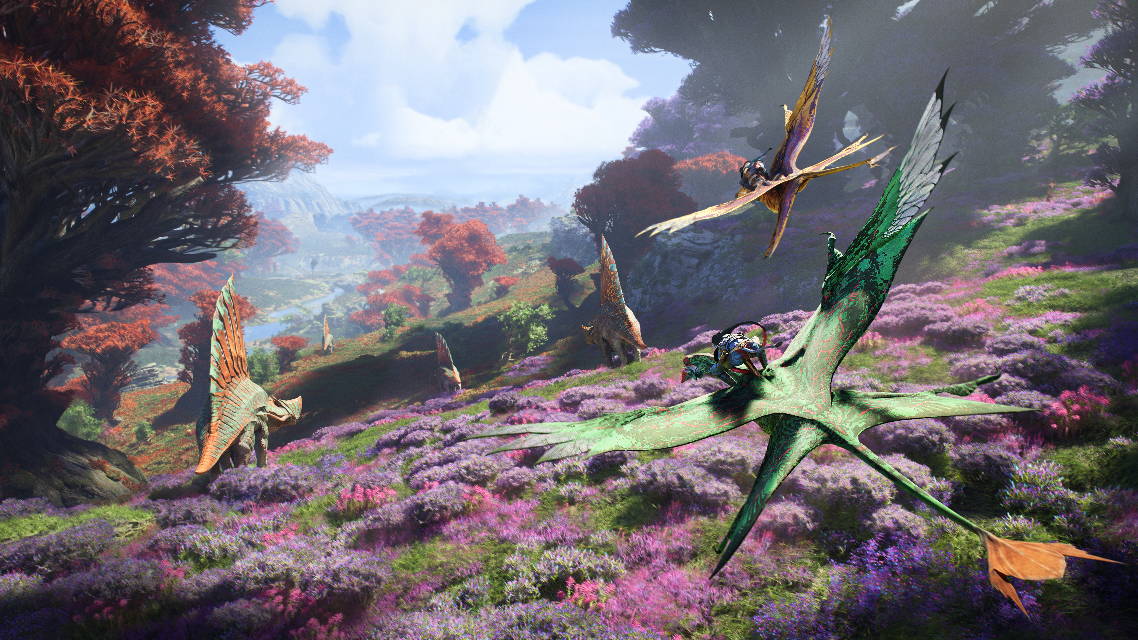 An Ikran flies over Pandora in Avatar: Frontiers of Pandora.