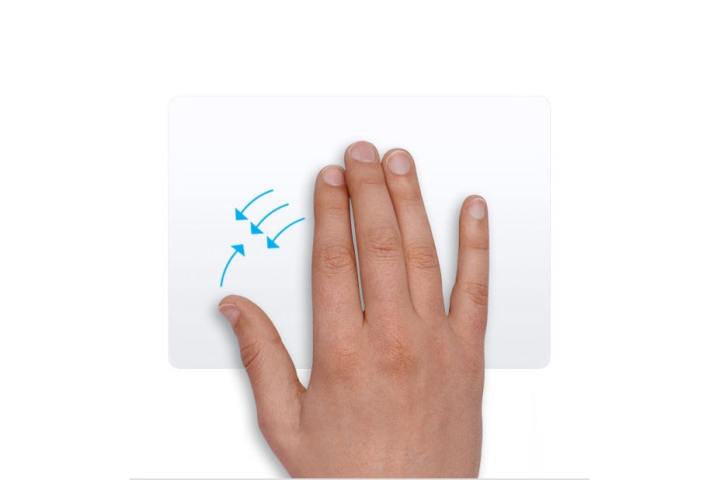 A hand performing a trackpad gesture in macOS, with the thumb and three fingers moving together.