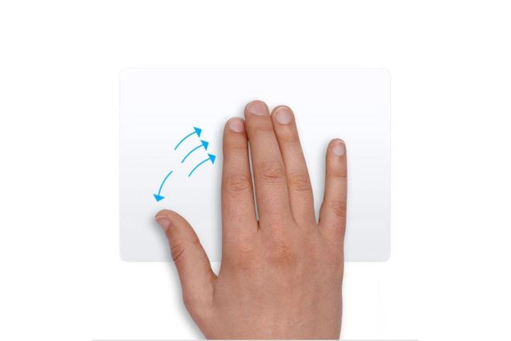 A hand performing a trackpad gesture in macOS, with the thumb and three fingers moving apart.