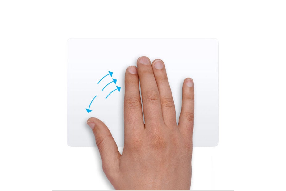 A hand performing a trackpad gesture in macOS, with the thumb and three fingers moving apart.