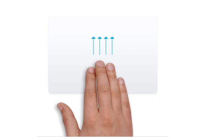 A hand performing a trackpad gesture in macOS, with four fingers moving vertically up.