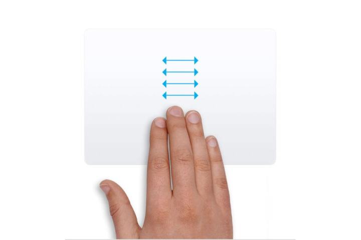 A hand performing a trackpad gesture in macOS, with four fingers moving horizontally.