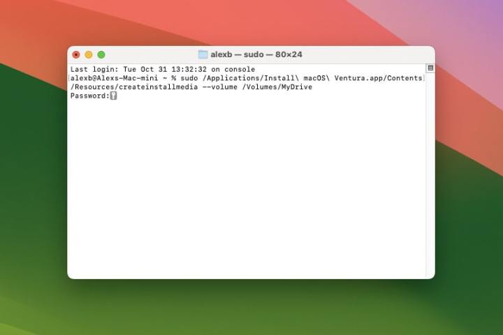 A Terminal window in macOS Sonoma showing how to create a USB installer for macOS.