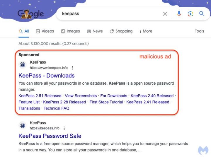 A search result showing a malicious Google Ad for the KeePass password manager, with the advert impersonating the official website.
