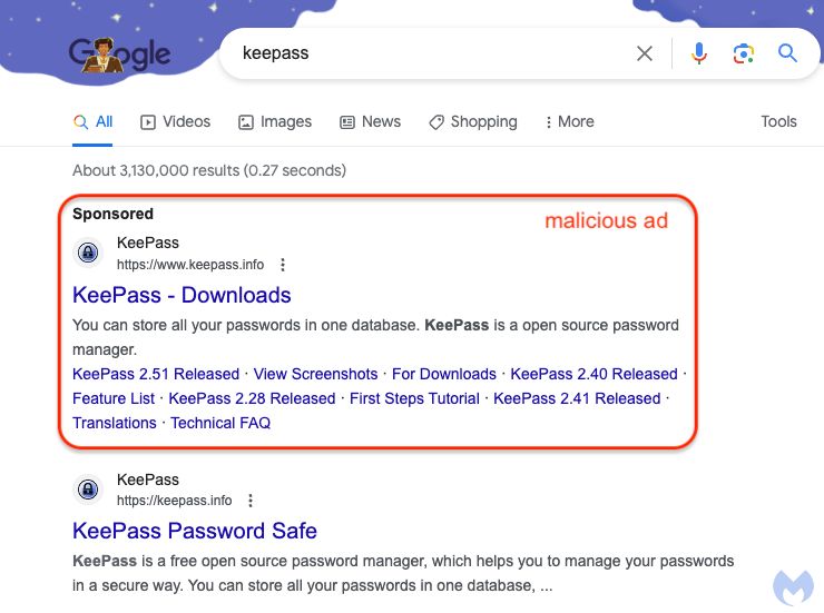 A search result showing a malicious Google Ad for the KeePass password manager, with the advert impersonating the official website.