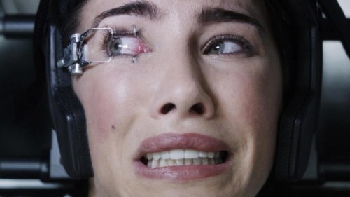Jacqueline MacInnes Wood looks terrified waiting for laser eye surgery.