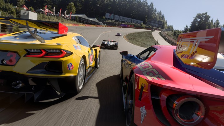 EMBARGO 10/4 12:01 AM PT: A camera angle up close to a Forza Motorsport race.