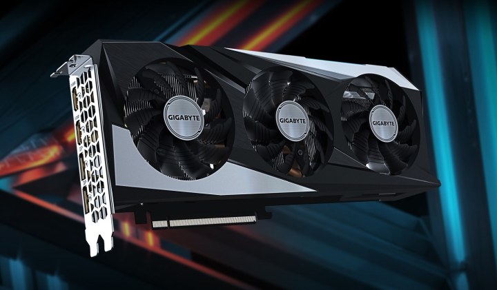 The Gigabyte RX 6750 GRE graphics card over a dark background.
