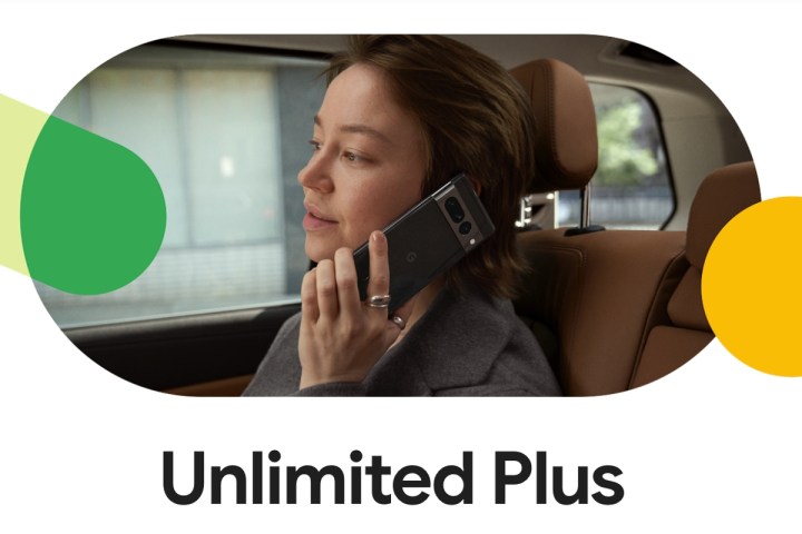 Google Fi Unlimited Plus banner showing woman talking on Pixel phone.