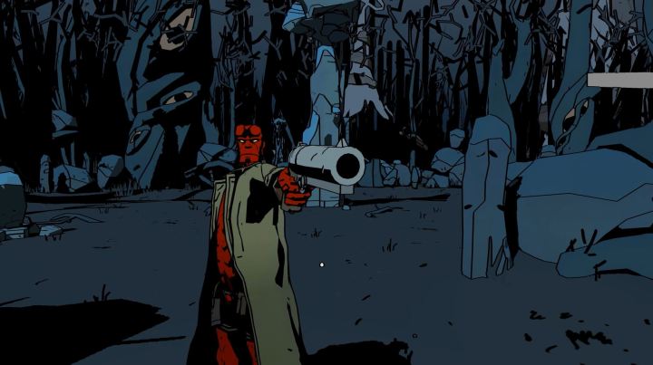 Hellboy points a gun toward the camera in Hellboy: Web of Wyrd.
