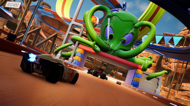 The player drives toward an octopus boss in Hot Wheels Unleashed 2.