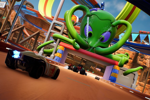 The player drives toward an octopus boss in Hot Wheels Unleashed 2.