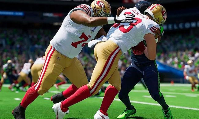Players make a tackle in gameplay action of Madden NFL 24.