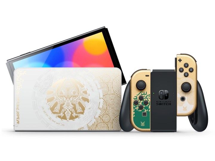 The Nintendo Switch OLED The Legend of Zelda Tears of the Kingdom Edition on a white background.