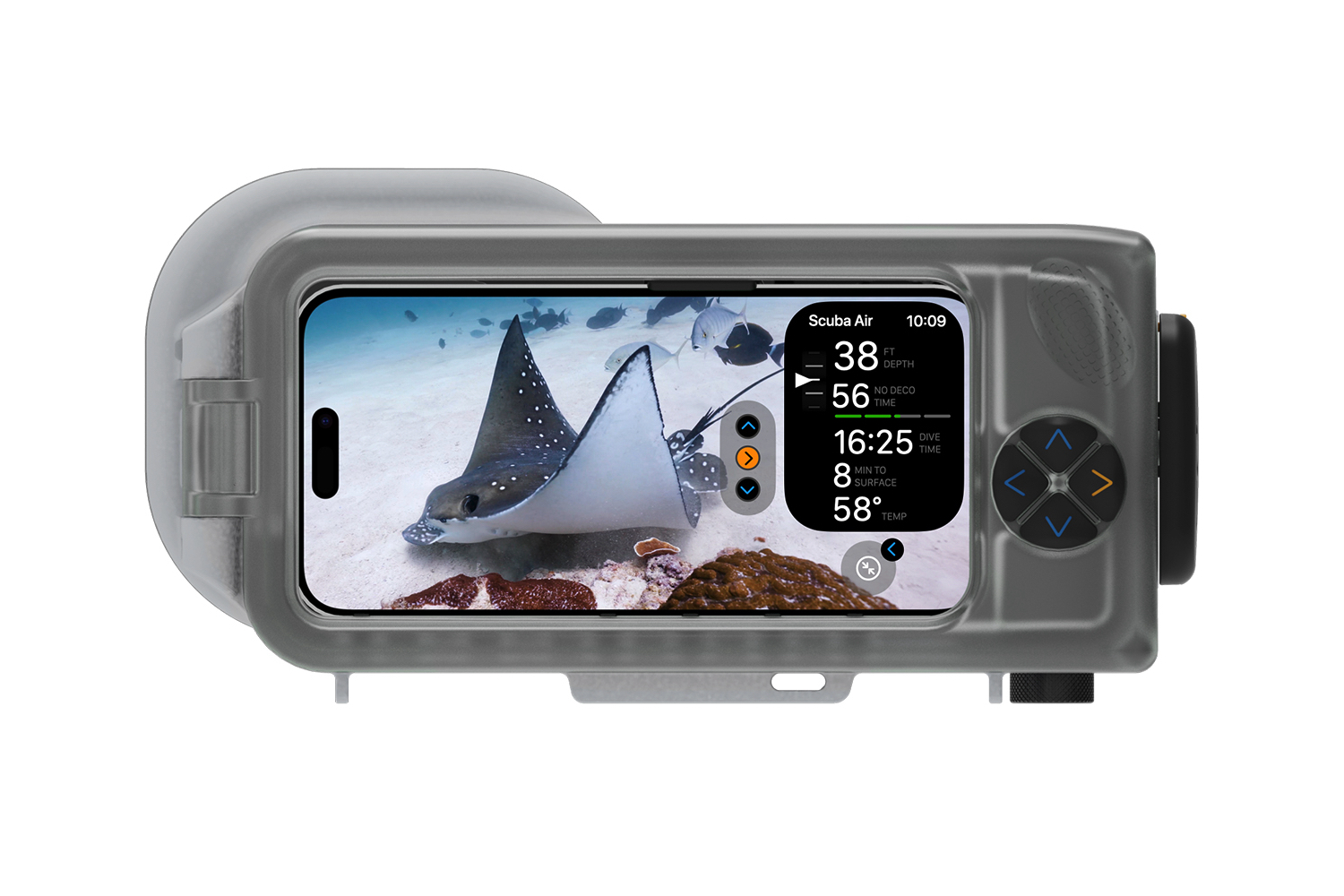 The Oceanic+ app on an iPhone inside the Dive Housing case.