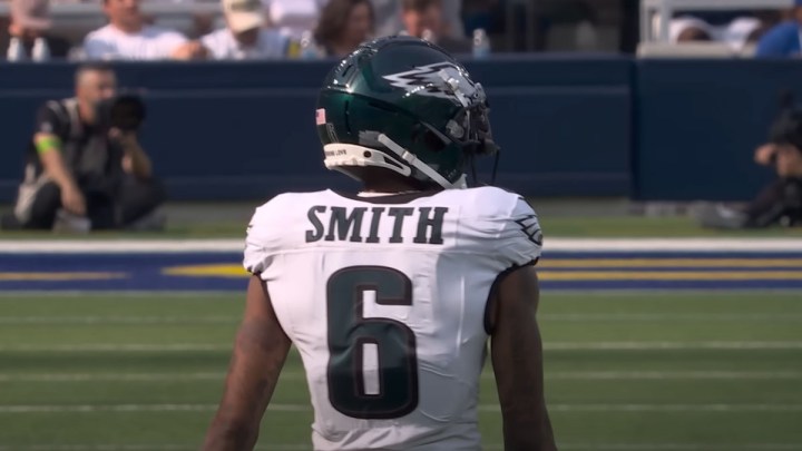 The Philadelphia Eagles' DeVonta Smith in a rare quiet moment from a game.