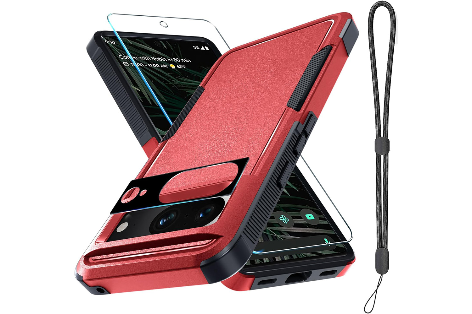 A RMOCR Phone Cover for the Google Pixel 8 in red showing lanyard.