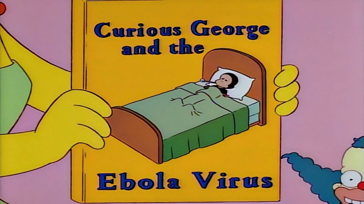 Marge sosteniendo un libro llamado "Curious George and the Ebola Virus" en "Los Simpson".