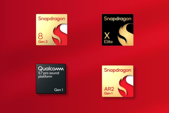 Illustration of Snapdragon 8 Gen 3, Snapdragon X Elite, Qualcomm S7 Pro Sound Platform, and Snapdragon AR2 Gen 1 chips.
