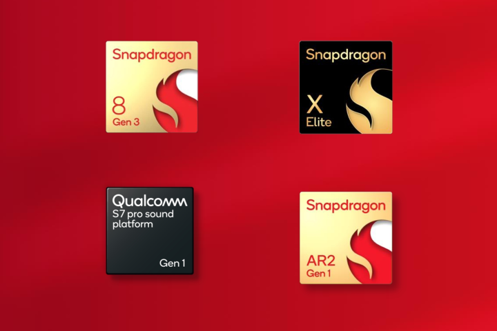 Abbildung der Chips Snapdragon 8 Gen 3, Snapdragon X Elite, Qualcomm S7 Pro Sound Platform und Snapdragon AR2 Gen 1.