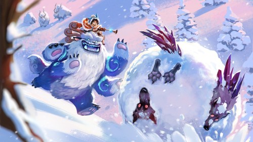 Nunu and Willump roll wolves down a hill in a snowball.