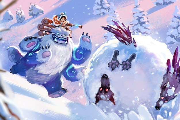 Nunu and Willump roll wolves down a hill in a snowball.