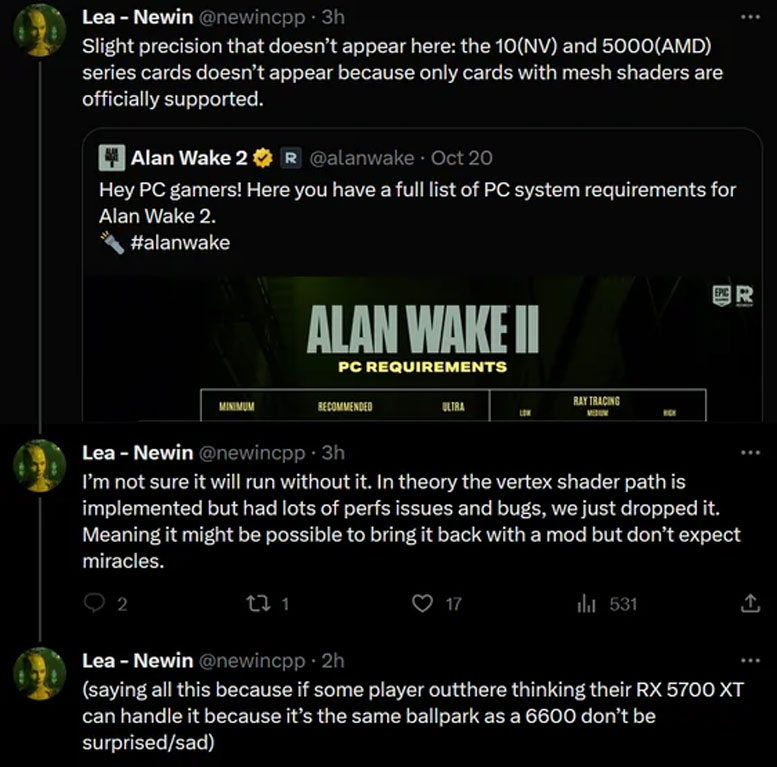 A tweet from an Alan Wake 2 developer.