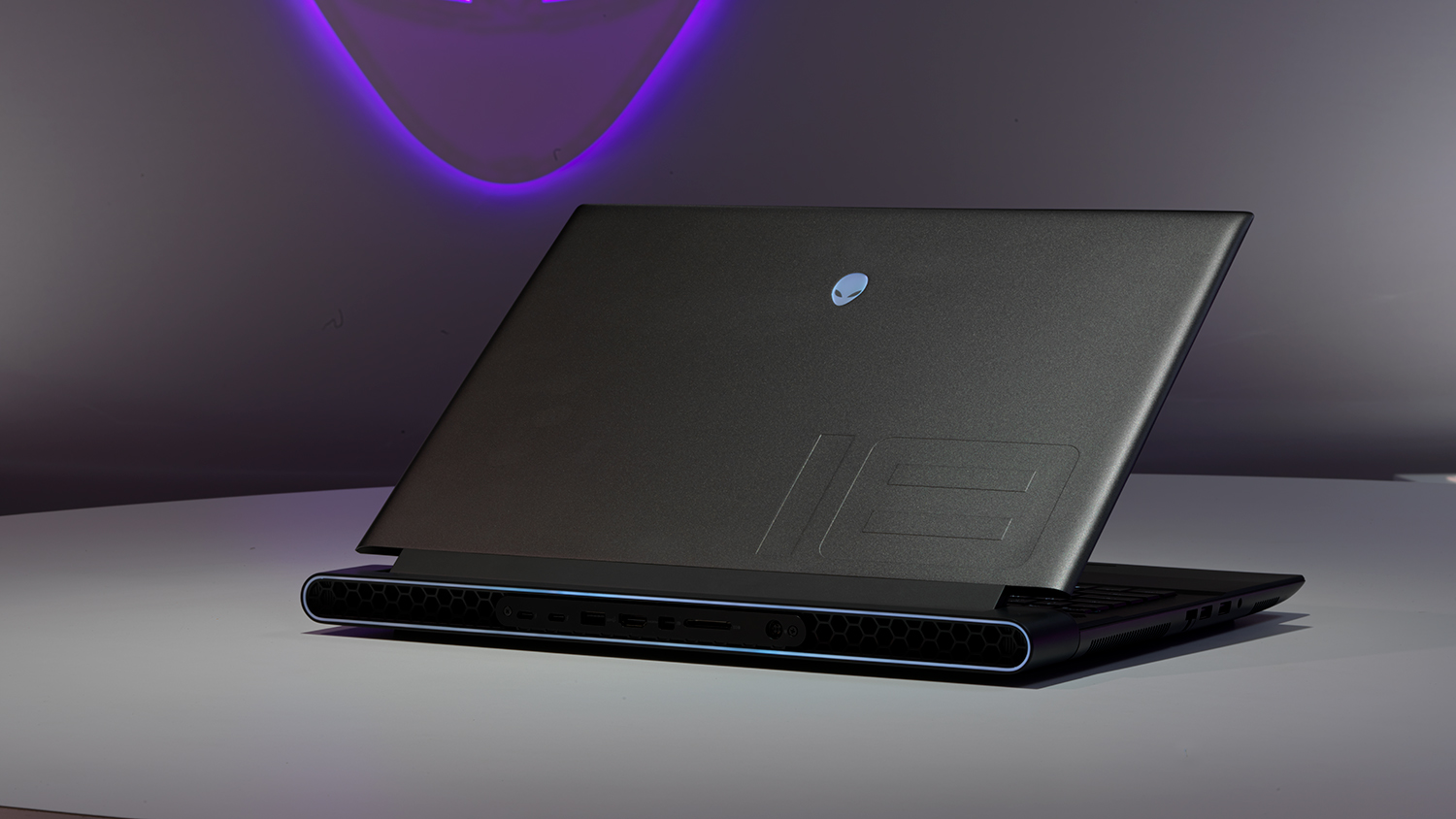 The Alienware m18 laptop sitting on a desk.
