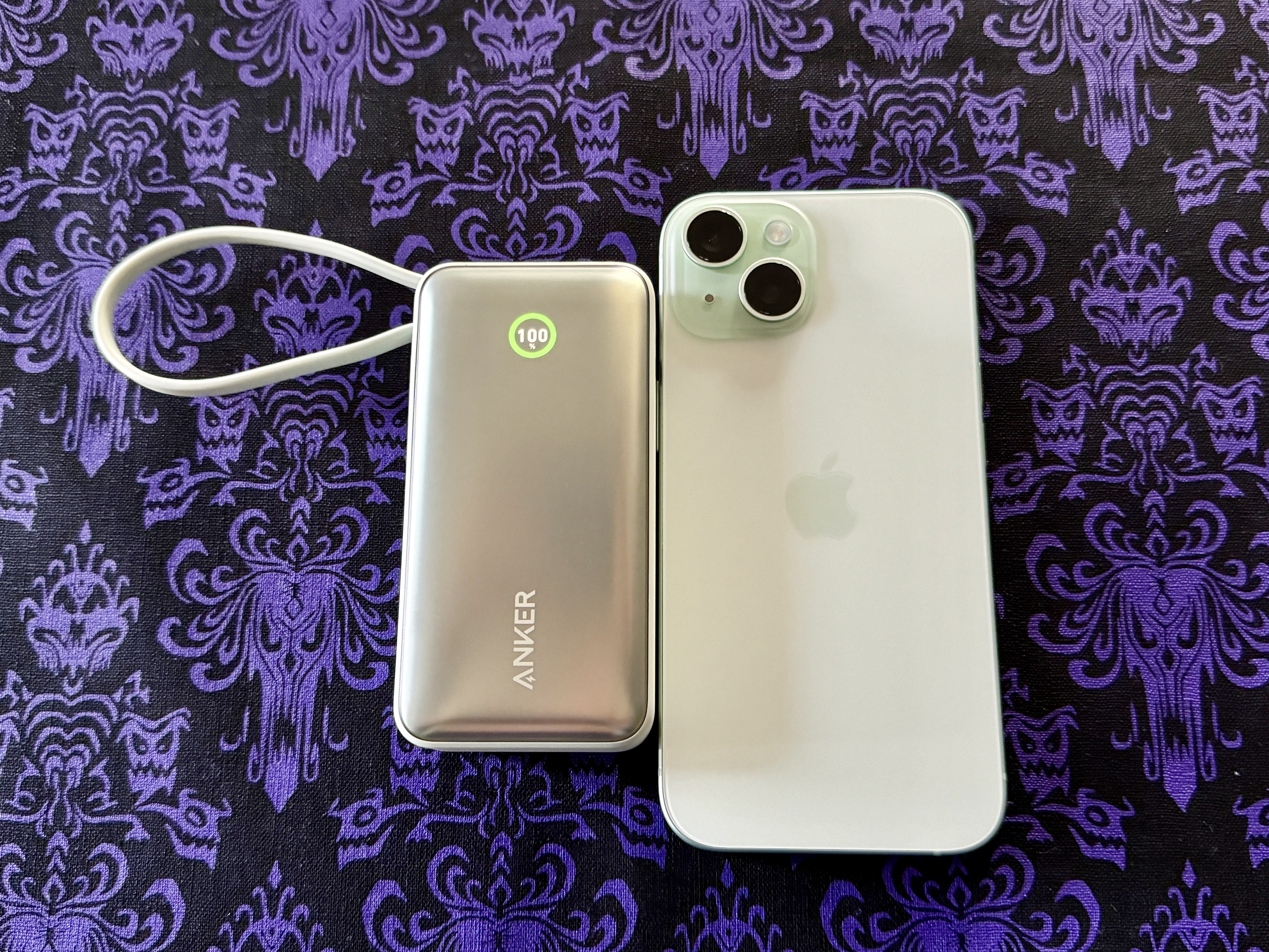 Anker Nano 30W Power Bank with USB-C in green with a green iPhone 15.