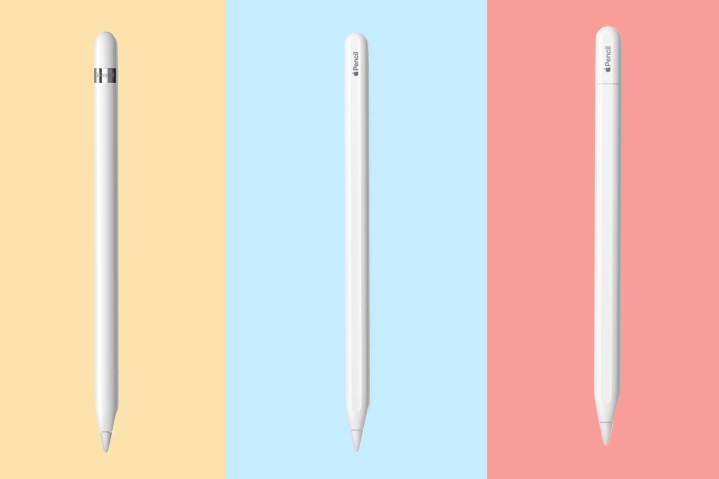 All three versions of the Apple Pencil lined up next to each other.