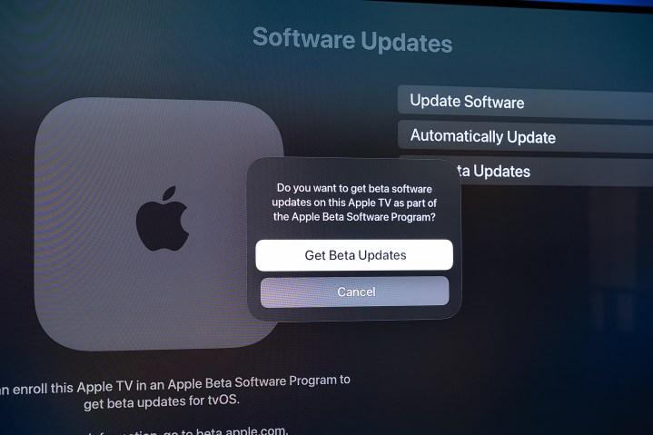 Apple TV beta software options as seen on a TV.