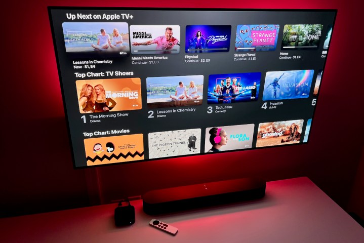 The Apple TV+ home screen on a TV.