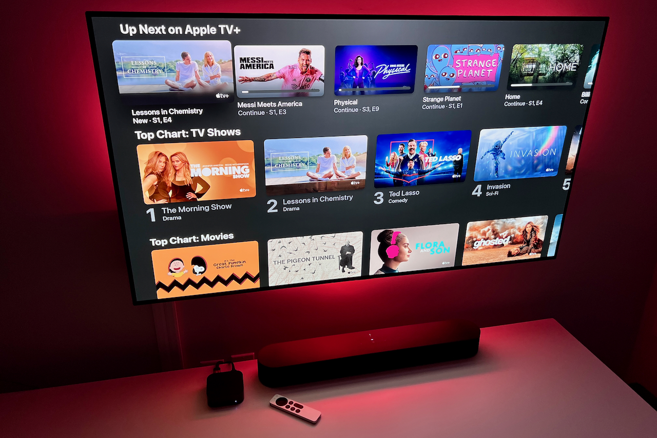 The Apple TV+ home screen on a TV.