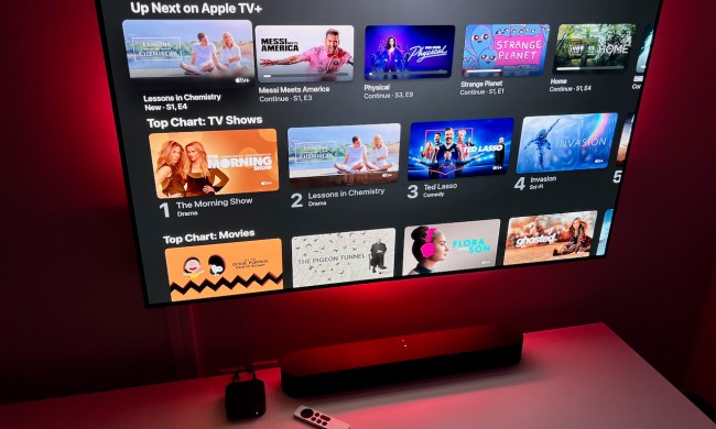 The Apple TV+ home screen on a TV.