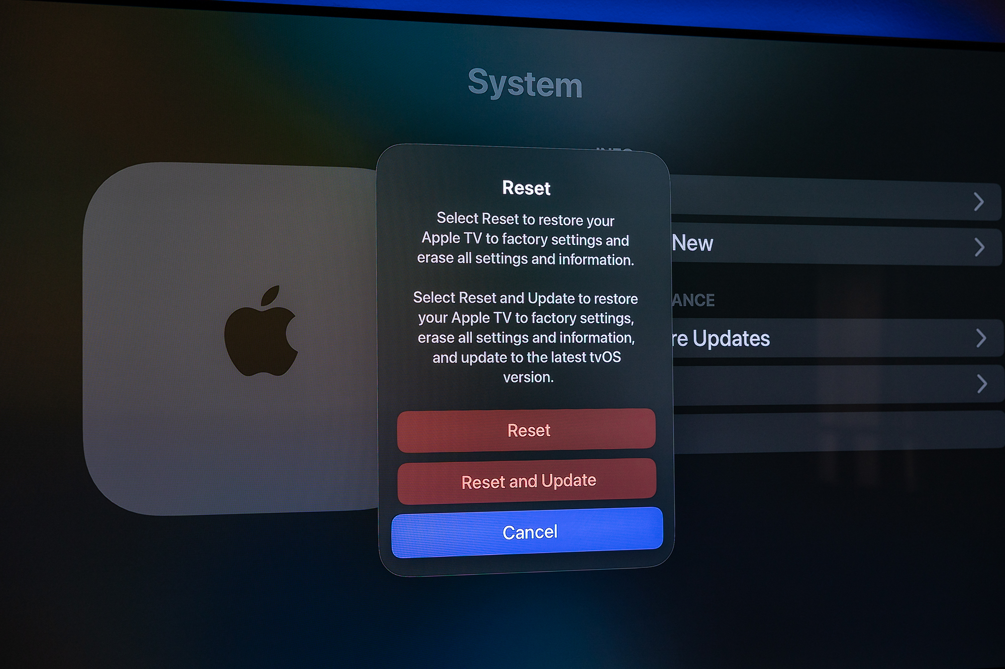 Reset options for Apple TV.