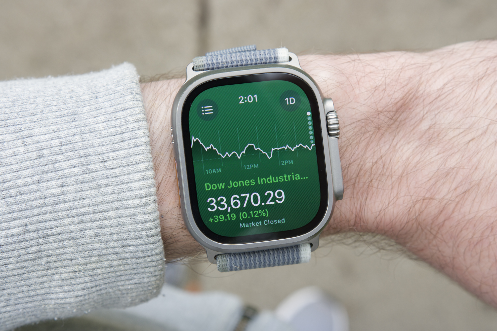The Stocks app in watchOS 10 on the Apple Watch Ultra 2.